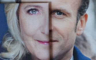 Collage présentant les visages superposés d’Emmanuel Macron et de Marine Le Pen